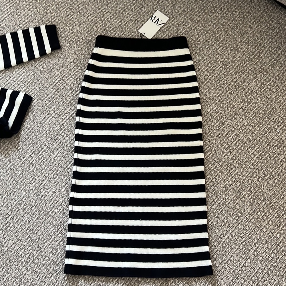 Zara Knit Cardigan Skirt Set Navy Blue White Stripes S - Picture 5 of 7